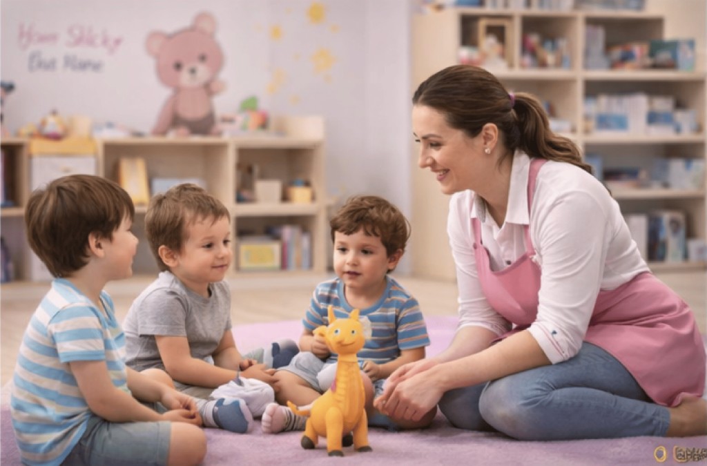 A caregiver reading with children