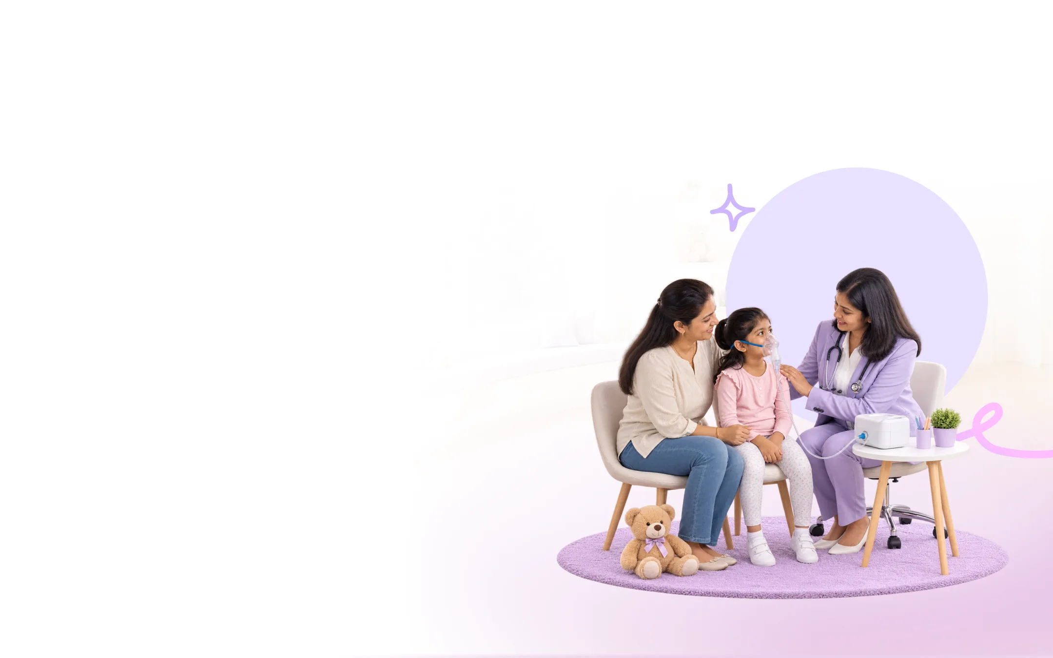 A child receiving asthma care with a paediatrician and parent alongside