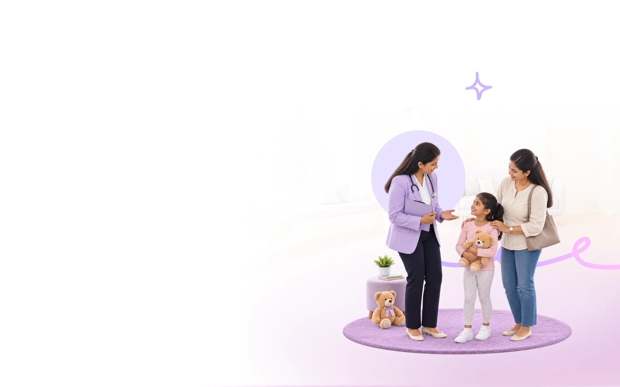 A paediatrician reassuring a child and parent during a vomiting concern visit