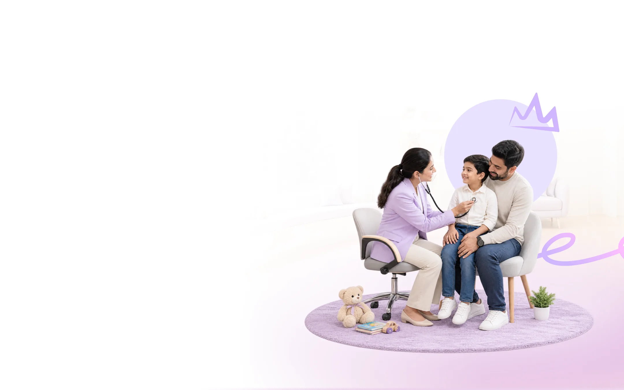 A paediatric cardiologist listening to a young boy's heart as he sits on his father's lap