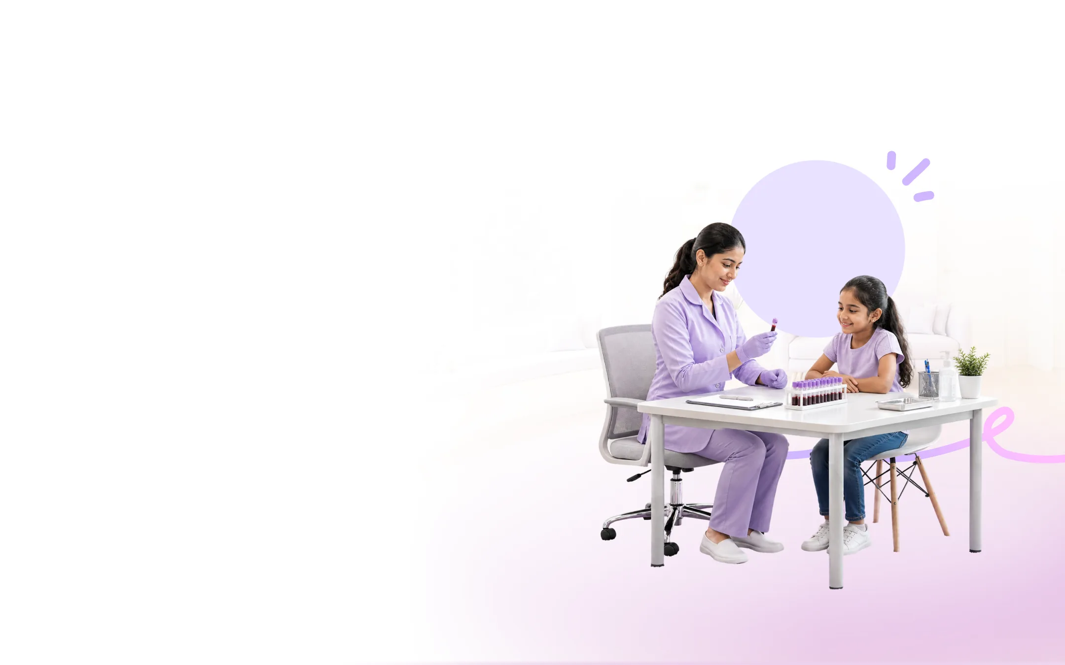 A lab technician showing a young patient a sample vial in a calm paediatric lab