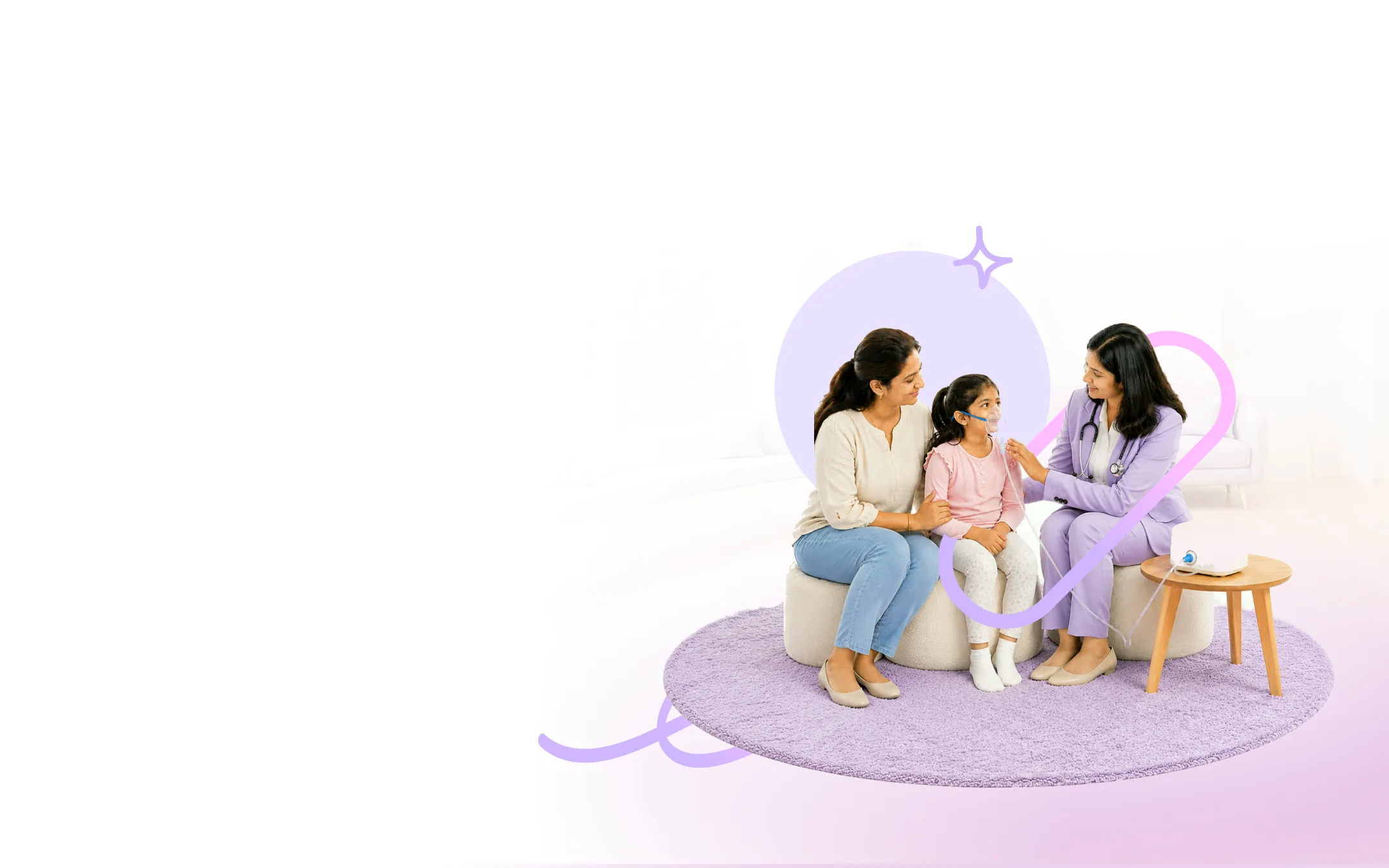 A child using a nebuliser mask while a paediatrician and parent sit alongside