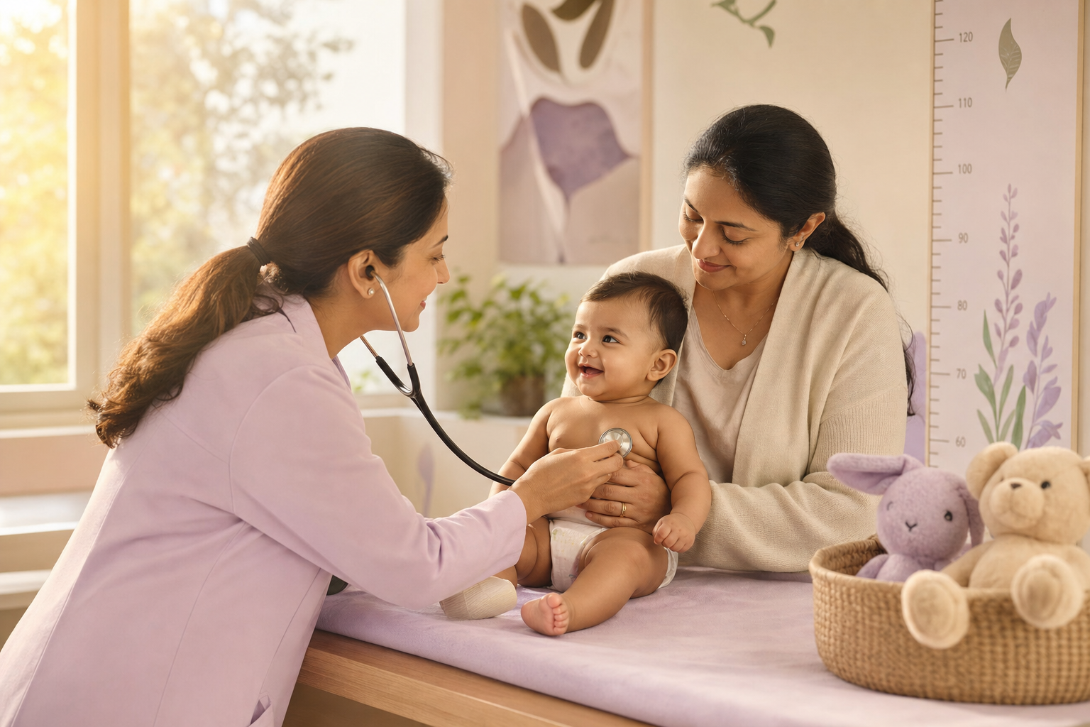 A paediatrician examining a smiling baby with the mother nearby